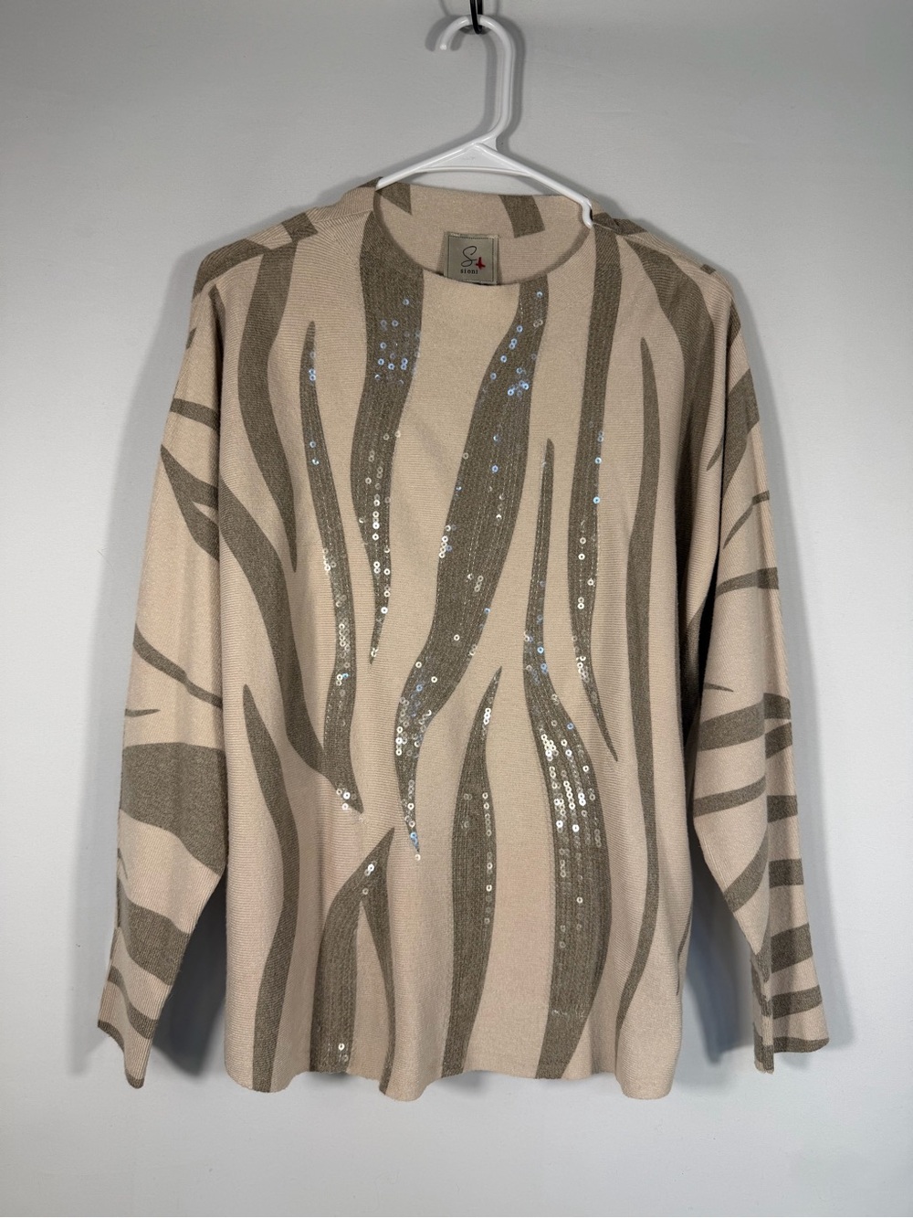 Sioni Zebra Animal Print Sequin Dolman Sweater Taupe Large